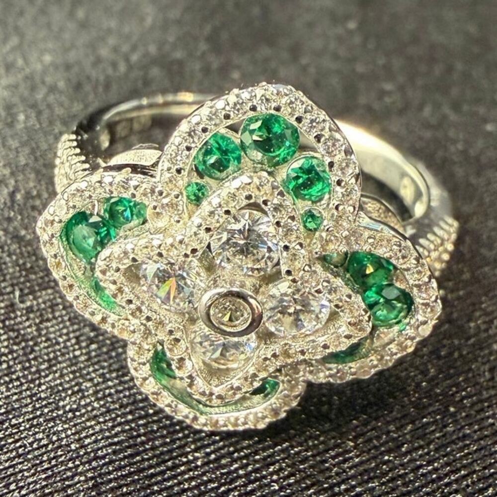 VTG Art Deco Style Ring 925 Sterling Silver Lab Created Diamond & Emeralds 8.75